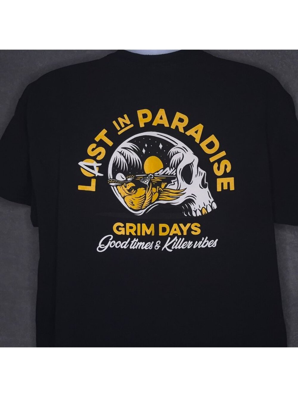Last In Paradise Mens Grim Days Graphic Tee Black XL Short Sleeve Skull Design